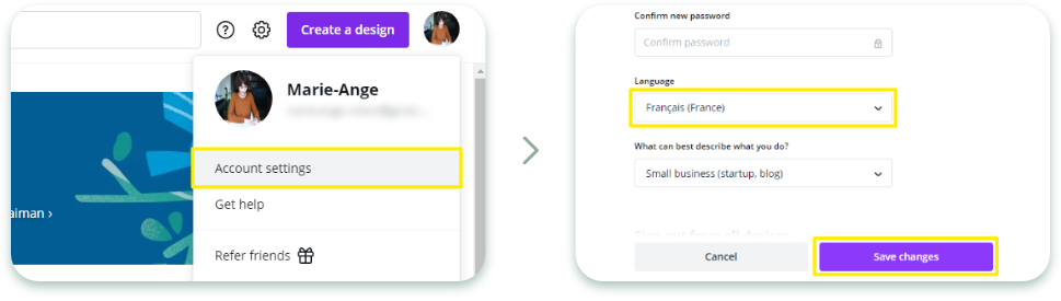 Changer la langue de son compte Canva.com
